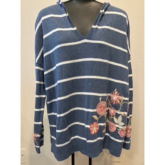 J. Jill Sweaters - J.Jill Embroidered Sweater Hoodie Size M Petite Cotton Blend Blue White Coastal